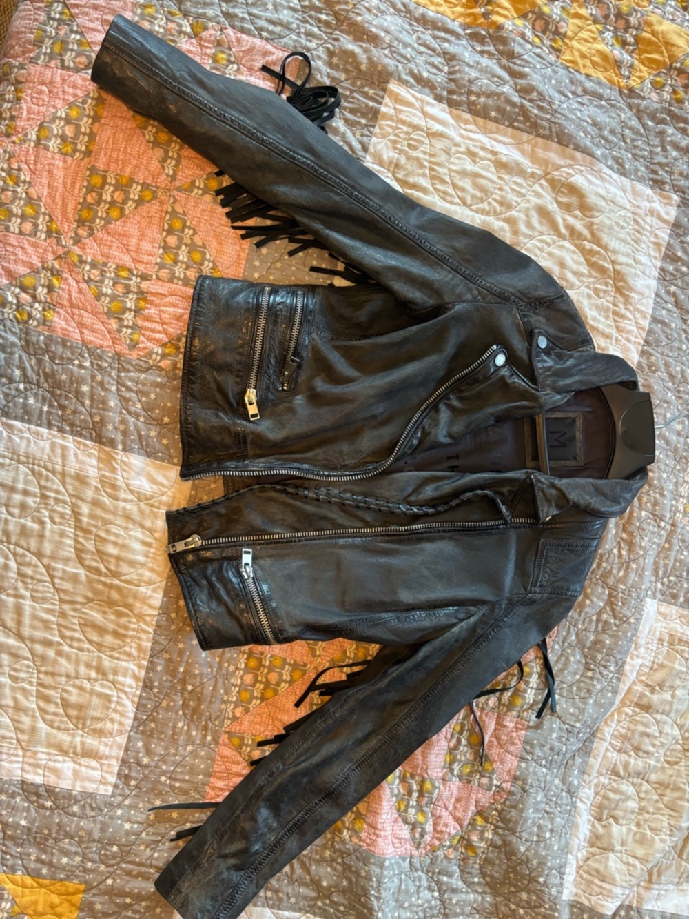 Mauritius Fringe-Trim Black Leather Moto Jacket